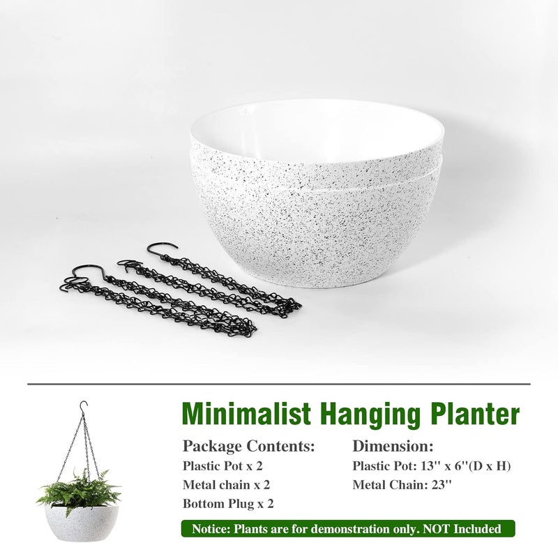 WOUSIWER 13 inch 2Pack Large Hanging Planters for Outdoor Indoor Plants with Drainage Holes and Chain, Round Hanging Flower Pots for Garden Home Porch Decor, White Speckles - Image 4